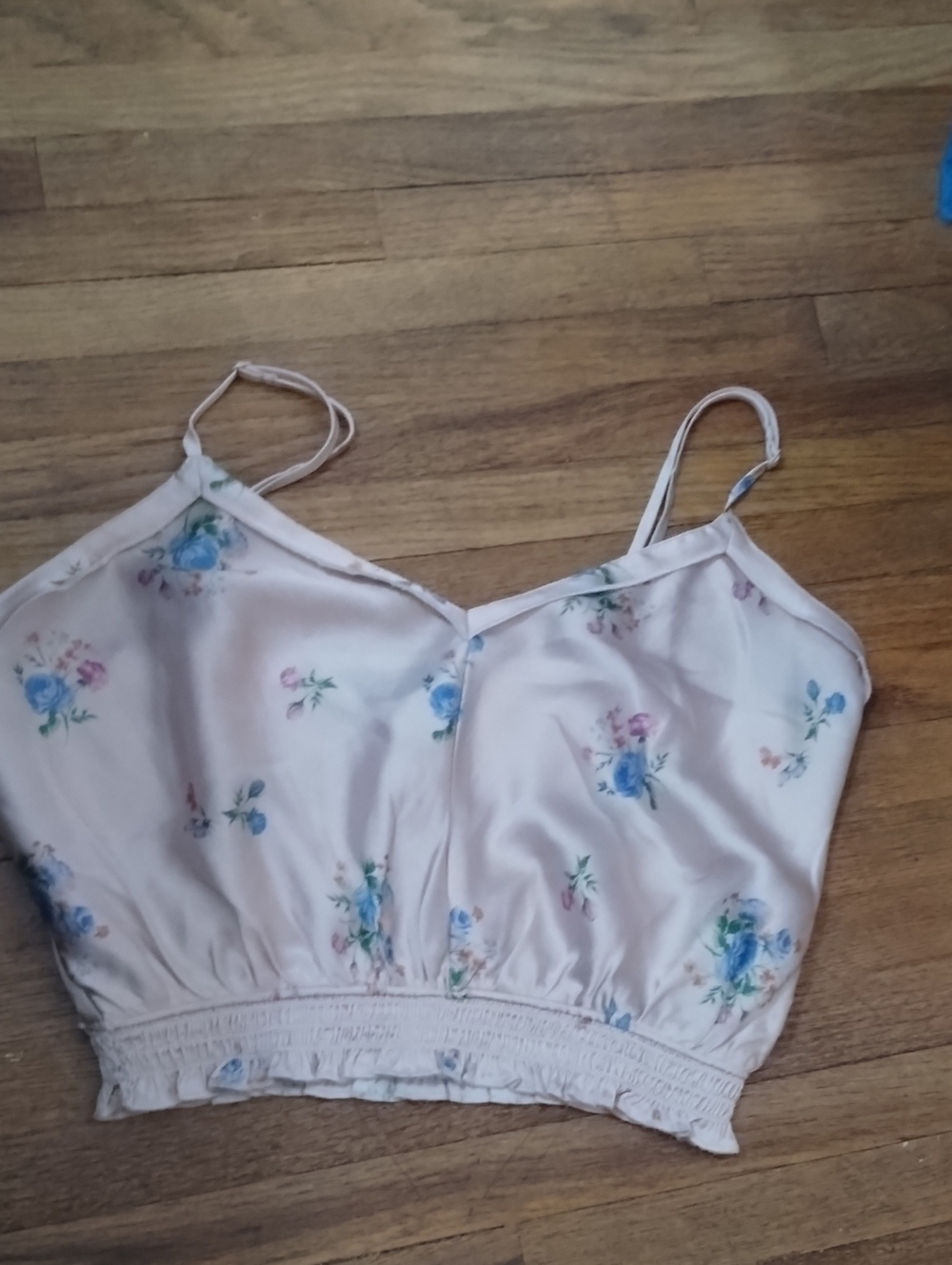 Light Pink Floral Satin Cropped Camisole with Adjustable Straps